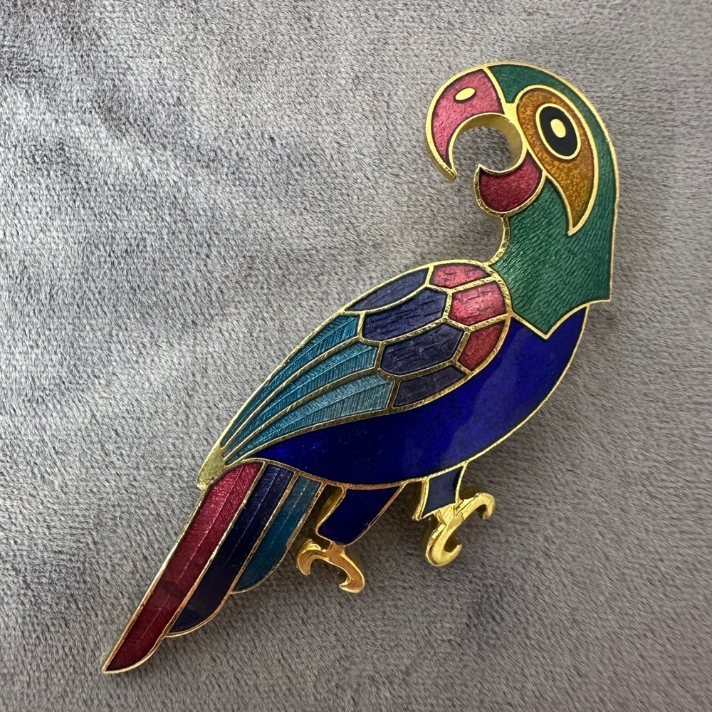 Parrot Brooch Cloisonne Style Multi Color Enamel Gold Tone Tropical Bird Pin